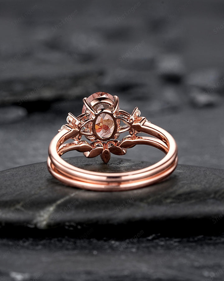 Vintage Oval Pink Morganite Floral Engagement Ring Set, Rose Gold Morganite Wedding Ring, Unique Cluster Bridal Set Promise Ring for Women - ShainJewelry