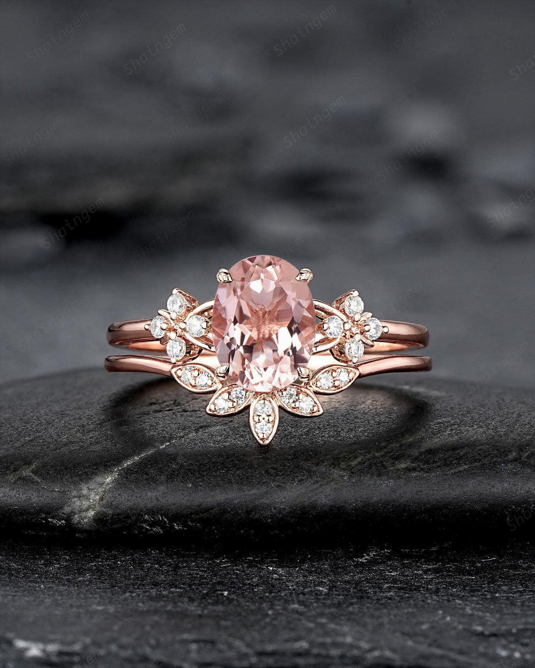 Vintage Oval Pink Morganite Floral Engagement Ring Set, Rose Gold Morganite Wedding Ring, Unique Cluster Bridal Set Promise Ring for Women - ShainJewelry
