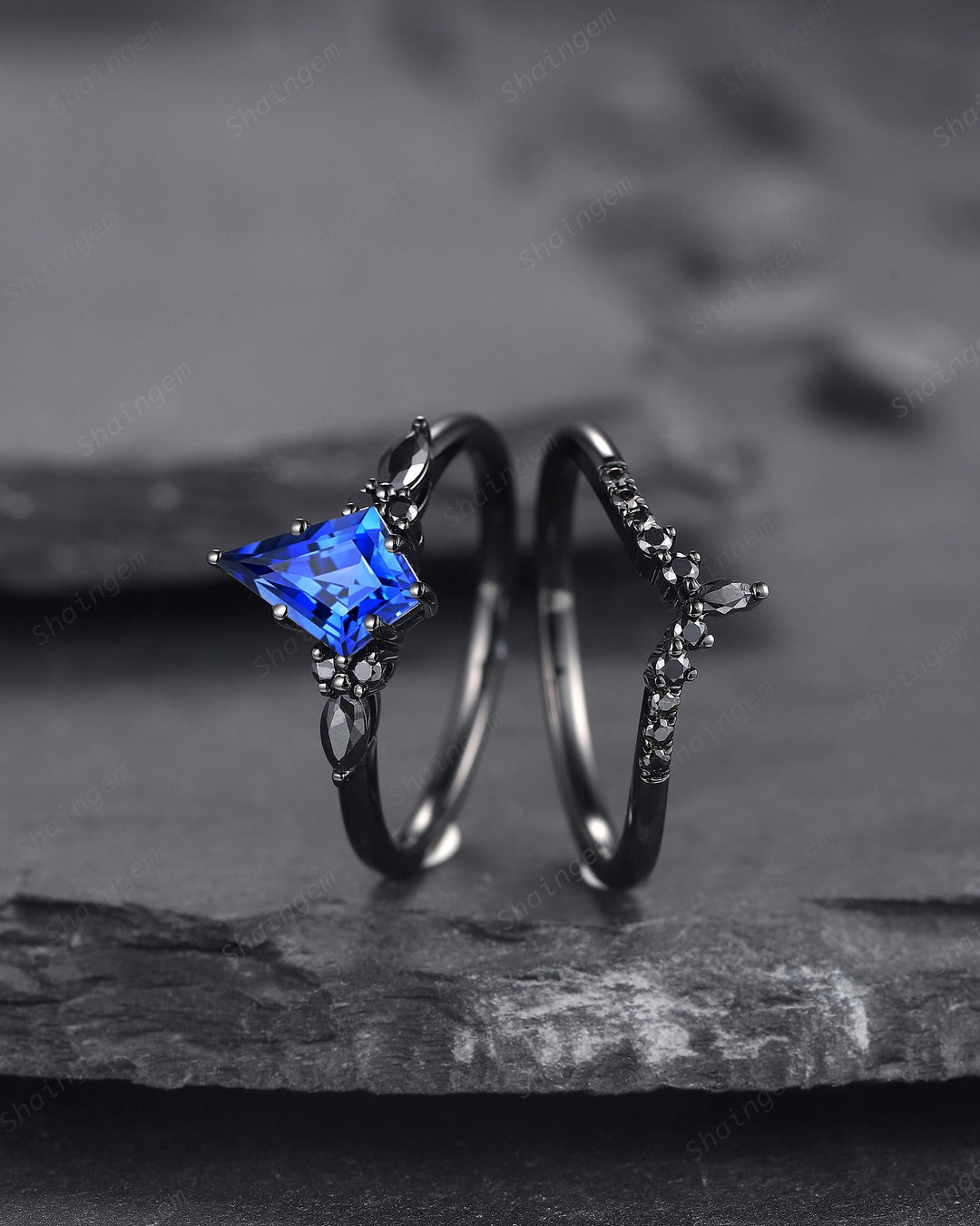 Unique Black Gold Kite Cut Cornflower Blue Sapphire Engagement Ring Set, Gothic Black Rhodium Wedding Ring, Punk Promise Ring Gift for Women - ShainJewelry