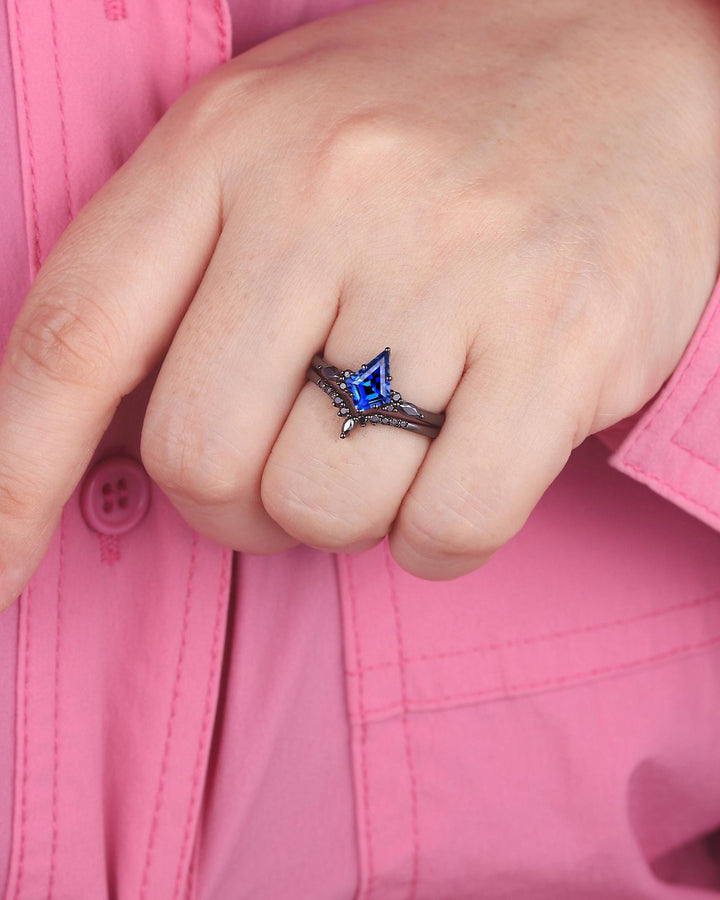 Unique Black Gold Kite Cut Cornflower Blue Sapphire Engagement Ring Set, Gothic Black Rhodium Wedding Ring, Punk Promise Ring Gift for Women - ShainJewelry