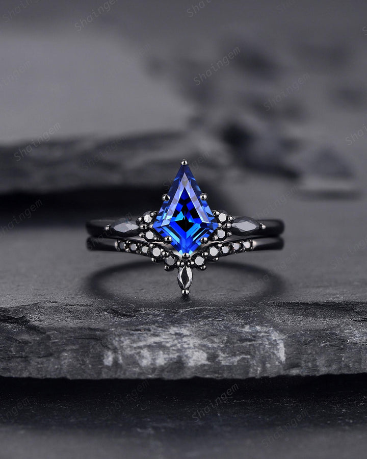 Unique Black Gold Kite Cut Cornflower Blue Sapphire Engagement Ring Set, Gothic Black Rhodium Wedding Ring, Punk Promise Ring Gift for Women - ShainJewelry