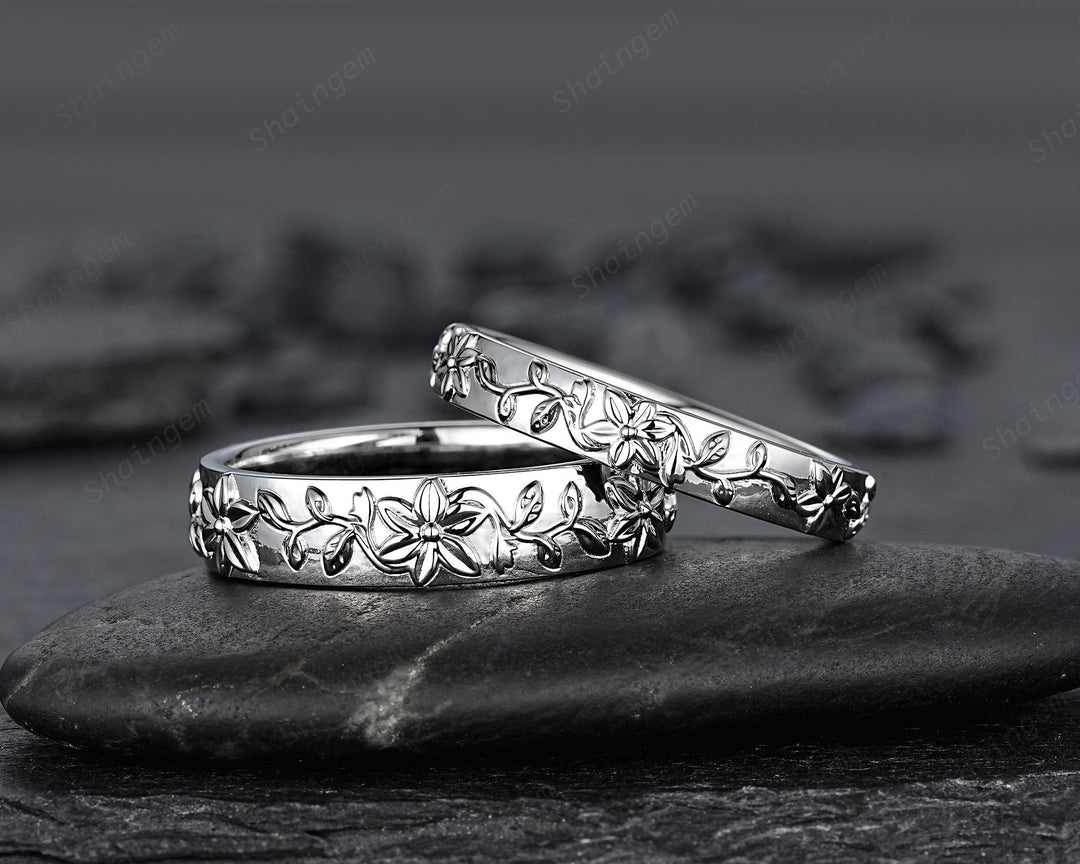 His and Hers Full Eternity Lily May Birth Flower Couple Ring Set, White Gold Wedding Band, Silver Nature Inspired Leaf Vine Matching Band - ShainJewelry