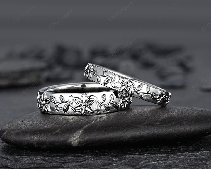 His and Hers Full Eternity Lily May Birth Flower Couple Ring Set, White Gold Wedding Band, Silver Nature Inspired Leaf Vine Matching Band - ShainJewelry