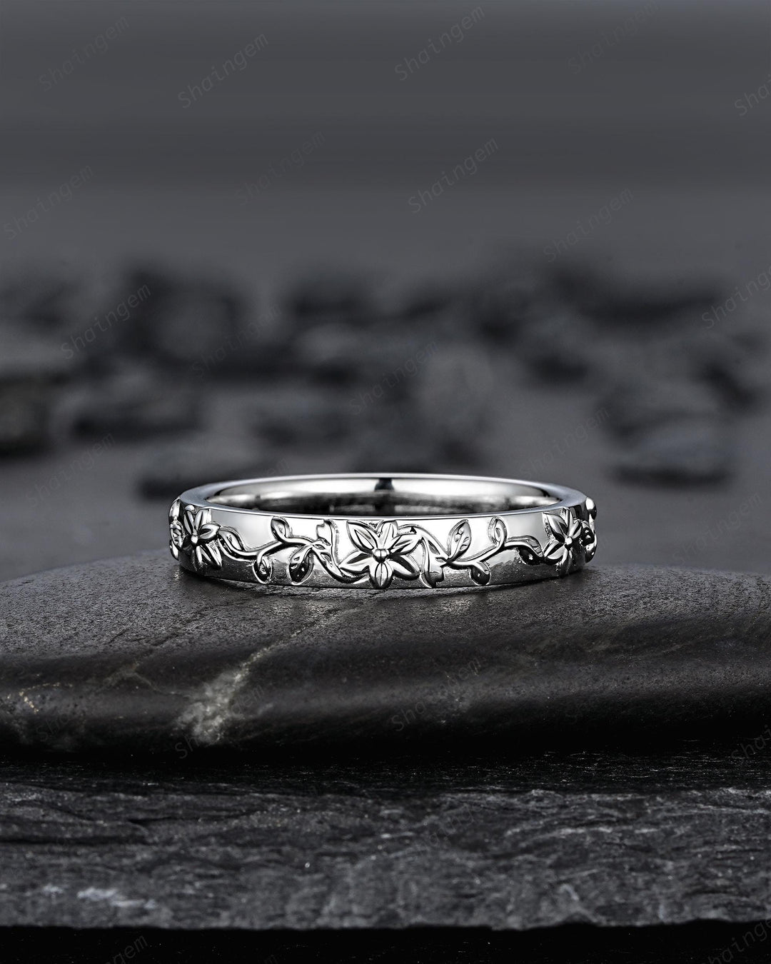 His and Hers Full Eternity Lily May Birth Flower Couple Ring Set, White Gold Wedding Band, Silver Nature Inspired Leaf Vine Matching Band - ShainJewelry