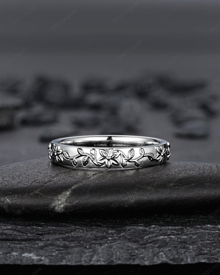 His and Hers Full Eternity Lily May Birth Flower Couple Ring Set, White Gold Wedding Band, Silver Nature Inspired Leaf Vine Matching Band - ShainJewelry