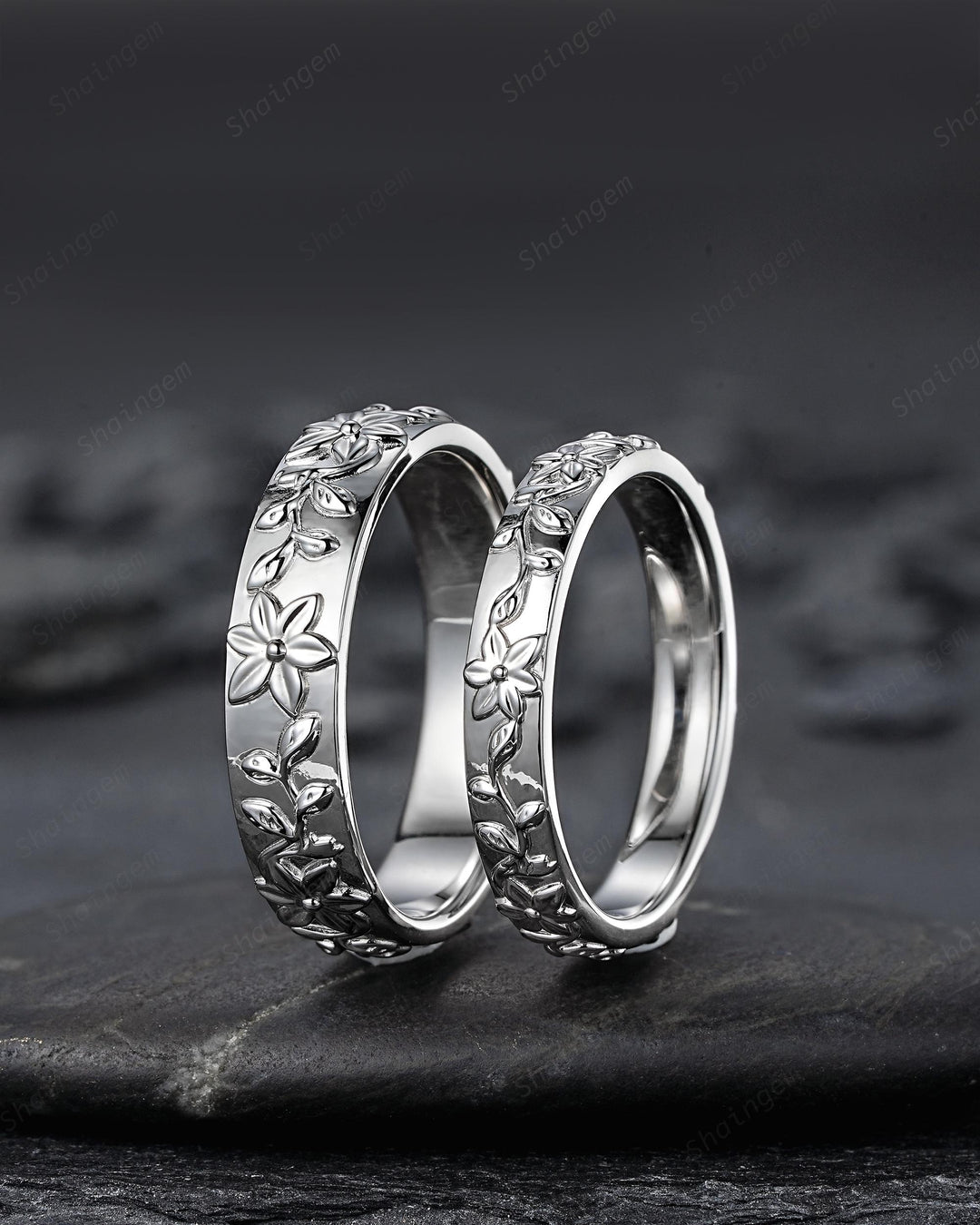 His and Hers Full Eternity Lily May Birth Flower Couple Ring Set, White Gold Wedding Band, Silver Nature Inspired Leaf Vine Matching Band - ShainJewelry