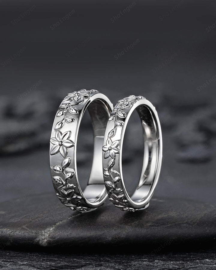 His and Hers Full Eternity Lily May Birth Flower Couple Ring Set, White Gold Wedding Band, Silver Nature Inspired Leaf Vine Matching Band - ShainJewelry