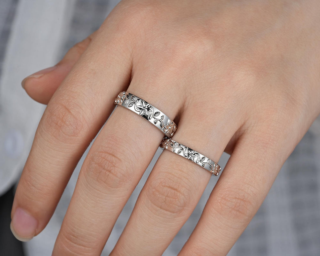 His and Hers Full Eternity Lily May Birth Flower Couple Ring Set, White Gold Wedding Band, Silver Nature Inspired Leaf Vine Matching Band - ShainJewelry