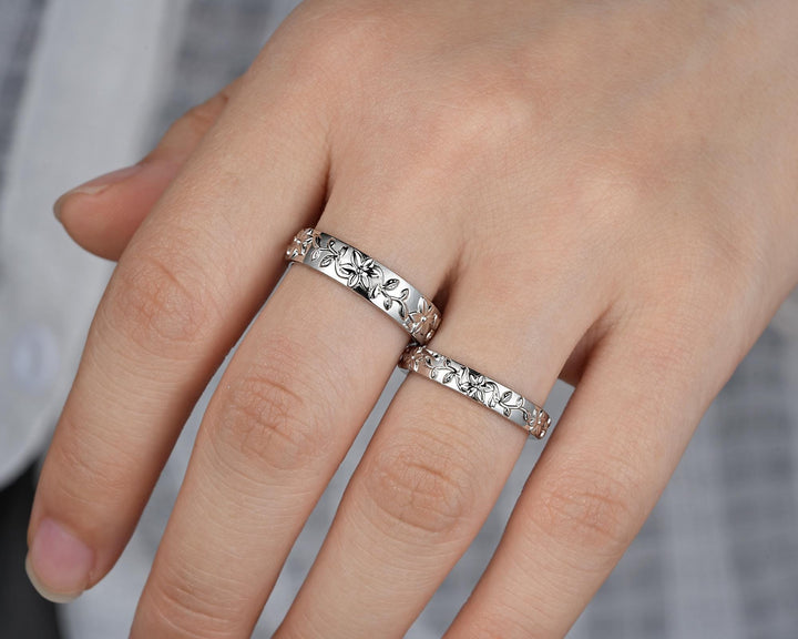 His and Hers Full Eternity Lily May Birth Flower Couple Ring Set, White Gold Wedding Band, Silver Nature Inspired Leaf Vine Matching Band - ShainJewelry