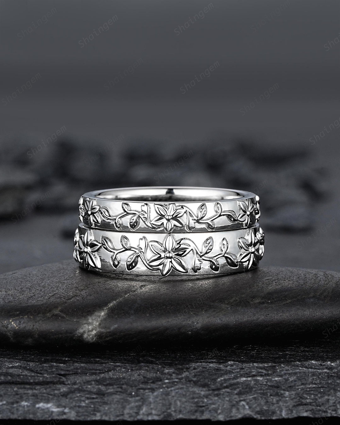 His and Hers Full Eternity Lily May Birth Flower Couple Ring Set, White Gold Wedding Band, Silver Nature Inspired Leaf Vine Matching Band - ShainJewelry