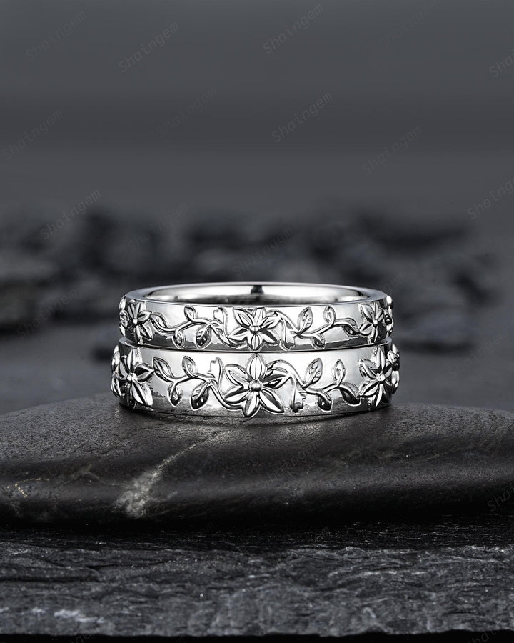His and Hers Full Eternity Lily May Birth Flower Couple Ring Set, White Gold Wedding Band, Silver Nature Inspired Leaf Vine Matching Band - ShainJewelry