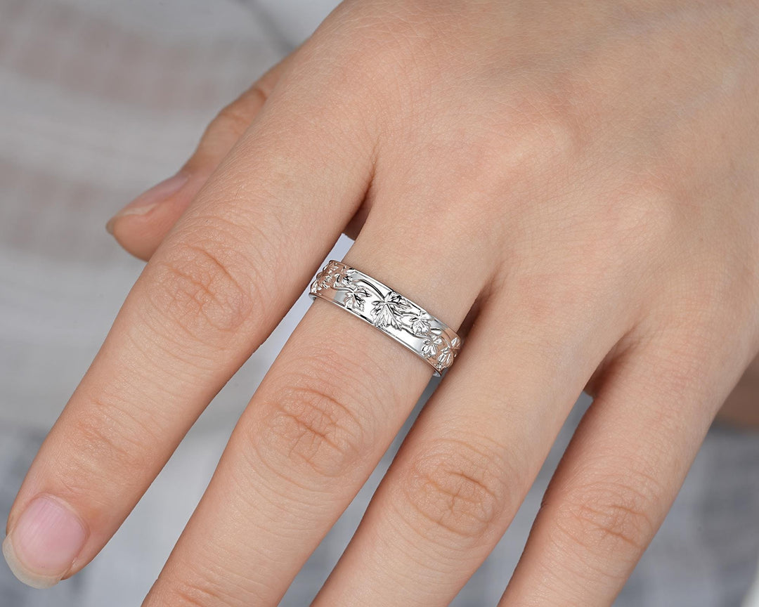 Nature Inspired Full Eternity Maple Leaf Men's Wedding Band, White Gold Engagement Matching Band, Floral Straight Band for Men Promise Ring - ShainJewelry
