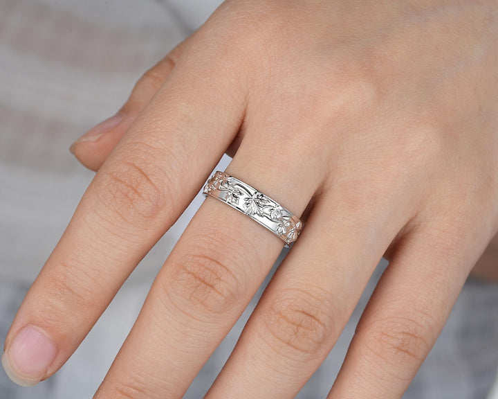 Nature Inspired Full Eternity Maple Leaf Men's Wedding Band, White Gold Engagement Matching Band, Floral Straight Band for Men Promise Ring - ShainJewelry