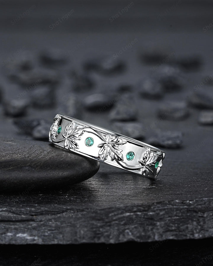 Nature Inspired Full Eternity Maple Leaf Men's Wedding Band, White Gold Engagement Matching Band, Emerald Straight Band for Men Promise Ring - ShainJewelry