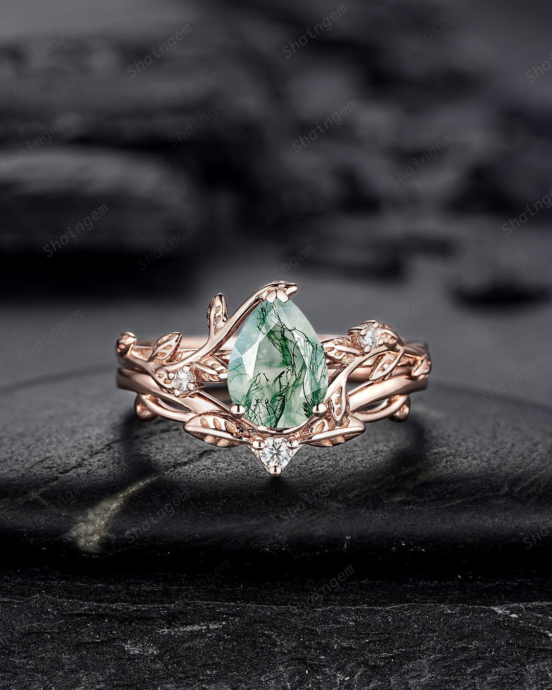 Nature Inspired Pear Cut Moss Agate Engagement Ring, Rose Gold Leaf Vine Promise Wedding Ring, Unique Twig Branch Bridal Ring Gift for Women - ShainJewelry