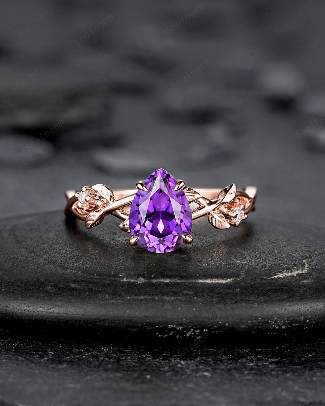 Unique Purple Violet Sapphire Leaf Engagement Ring Set, Pear Shape Sapphire Rose Gold Vine Wedding Promise Ring Anniversary Gift for Women - ShainJewelry
