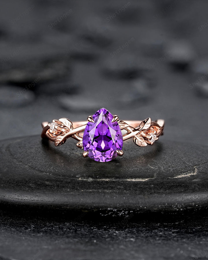 Unique Purple Violet Sapphire Leaf Engagement Ring Set, Pear Shape Sapphire Rose Gold Vine Wedding Promise Ring Anniversary Gift for Women - ShainJewelry