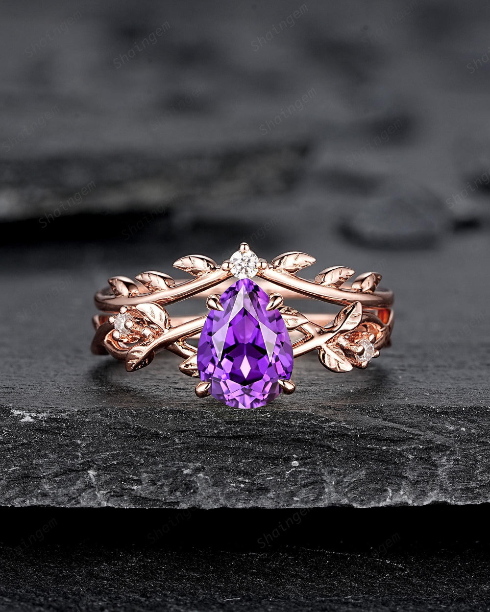 Unique Purple Violet Sapphire Leaf Engagement Ring Set, Pear Shape Sapphire Rose Gold Vine Wedding Promise Ring Anniversary Gift for Women - ShainJewelry