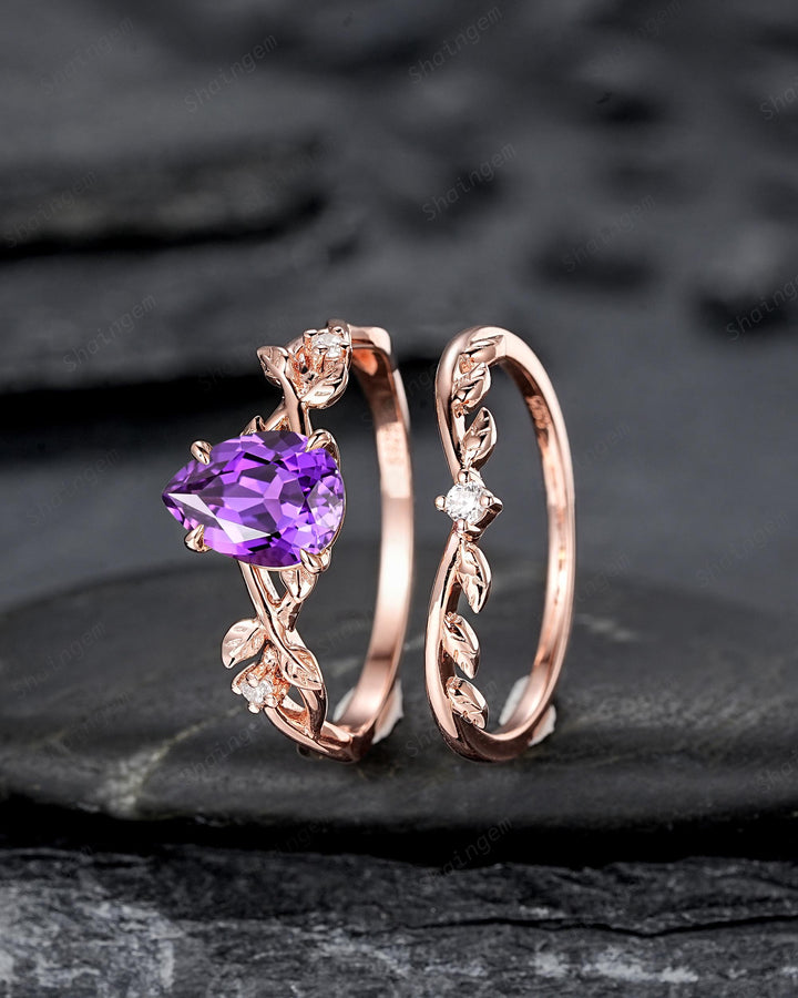 Unique Purple Violet Sapphire Leaf Engagement Ring Set, Pear Shape Sapphire Rose Gold Vine Wedding Promise Ring Anniversary Gift for Women - ShainJewelry