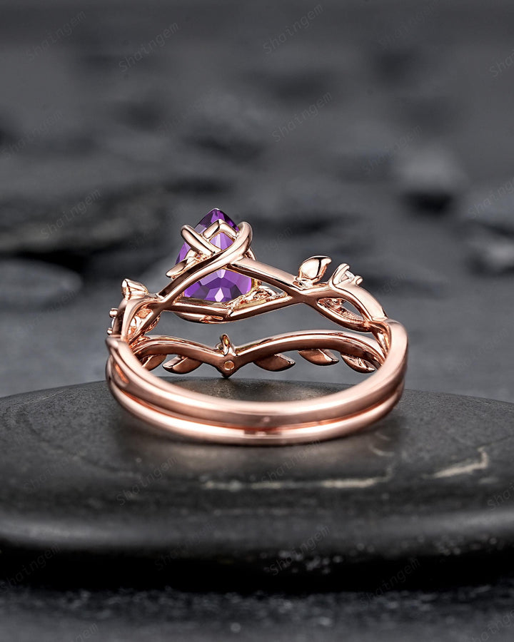Unique Purple Violet Sapphire Leaf Engagement Ring Set, Pear Shape Sapphire Rose Gold Vine Wedding Promise Ring Anniversary Gift for Women - ShainJewelry