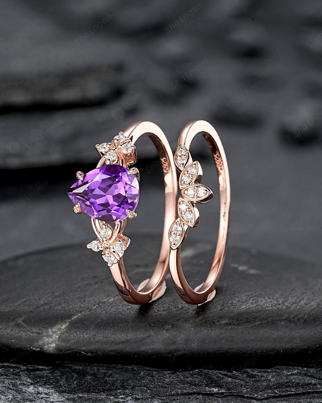 Vintage Purple Violet Sapphire Floral Engagement Ring Set, Pear Shape Sapphire Rose Gold Wedding Promise Ring Anniversary Gift for Mom Women - ShainJewelry