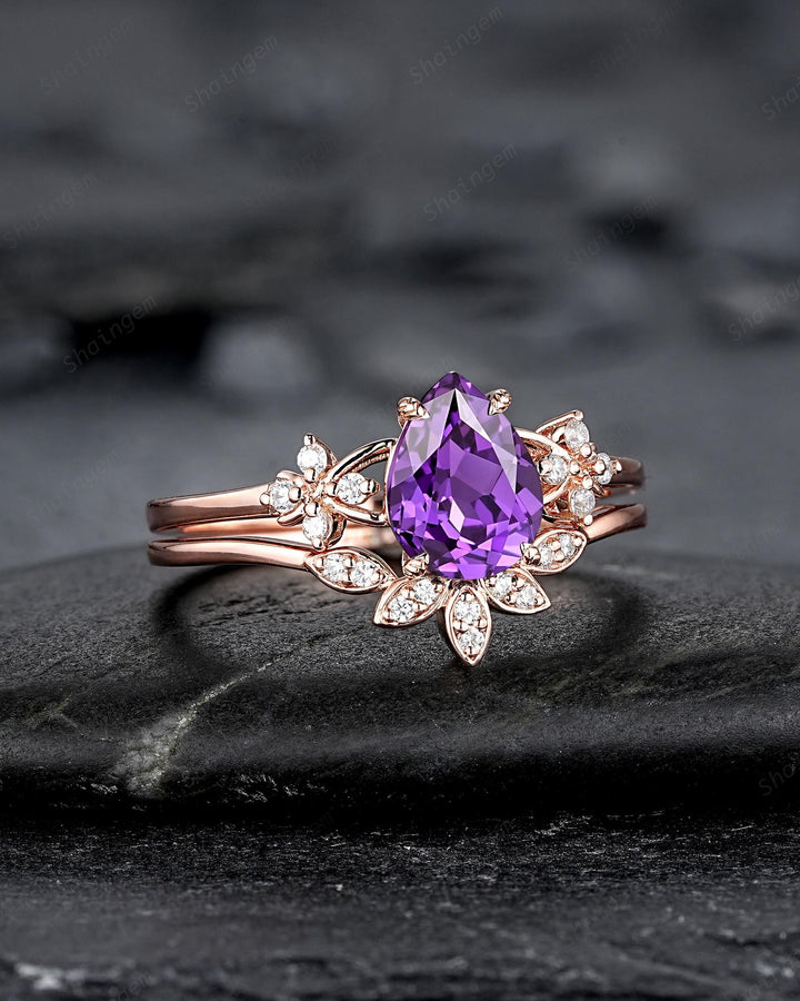 Vintage Purple Violet Sapphire Floral Engagement Ring Set, Pear Shape Sapphire Rose Gold Wedding Promise Ring Anniversary Gift for Mom Women - ShainJewelry