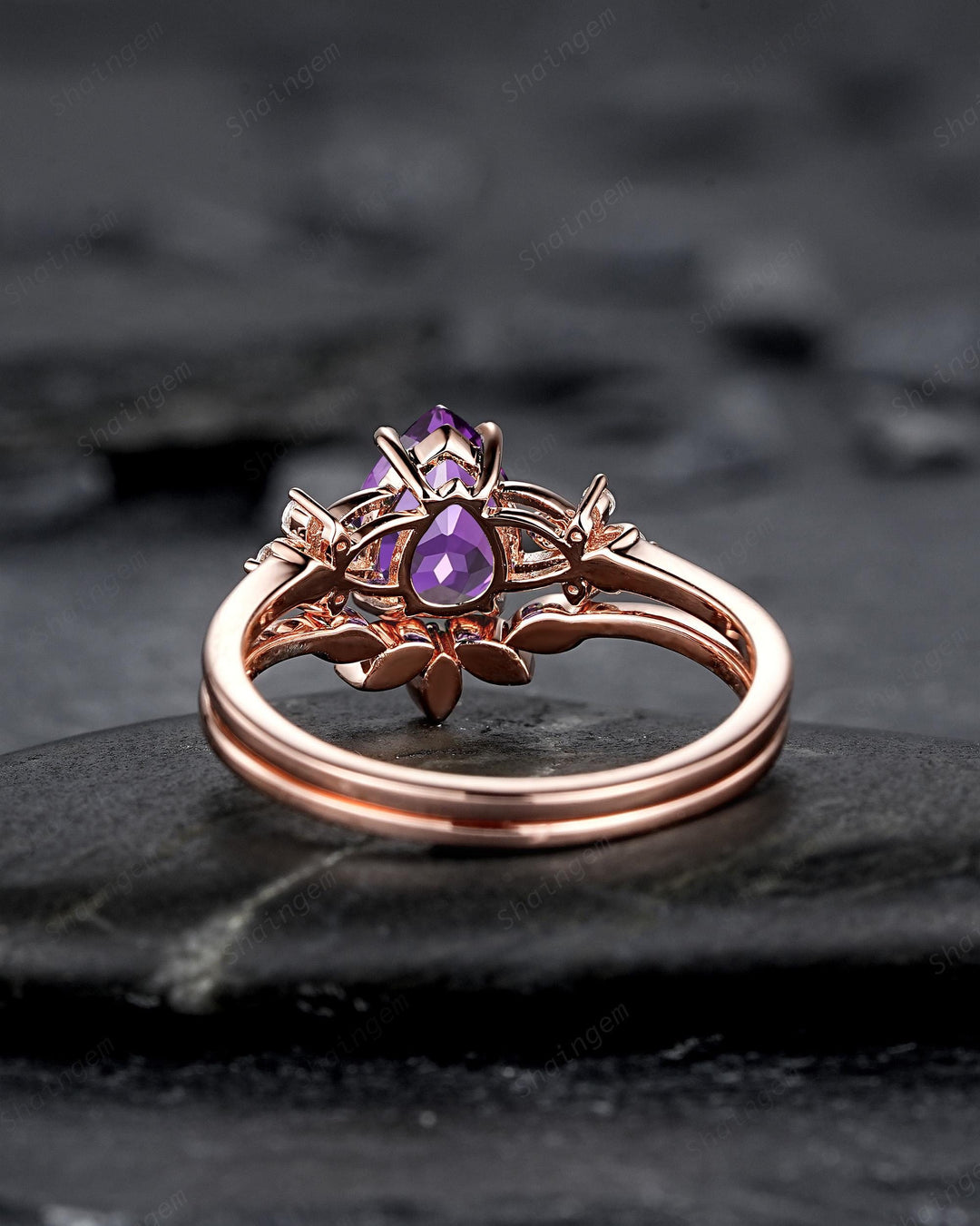 Vintage Purple Violet Sapphire Floral Engagement Ring Set, Pear Shape Sapphire Rose Gold Wedding Promise Ring Anniversary Gift for Mom Women - ShainJewelry