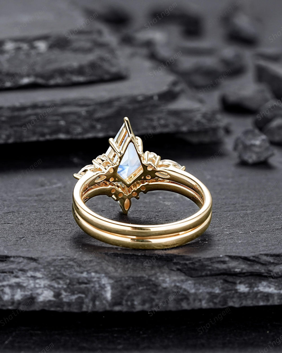 Vintage Kite Shape Natural Moonstone Engagement Ring Set, 14K Yellow Gold Blue Fire Moonstone Promise Ring, Wedding Ring Gift for Women - ShainJewelry