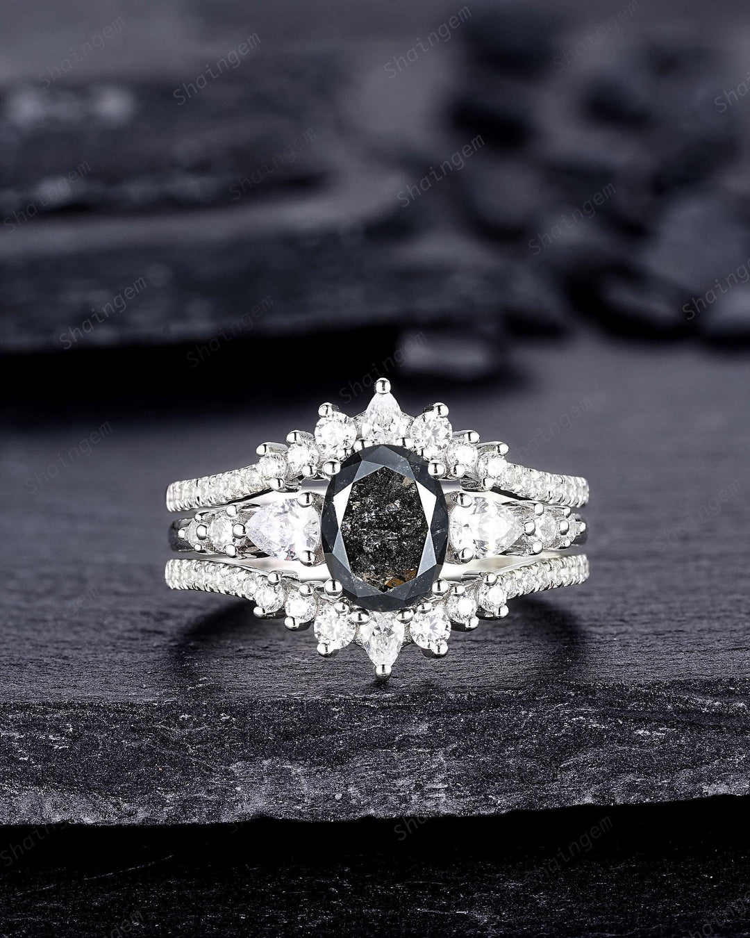 Oval Shape Salt and Pepper Diamond Engagement Ring Set, 18K White Gold Natural Black Diamond Promise Ring, Diamond Wedding Ring Gift for her - ShainJewelry