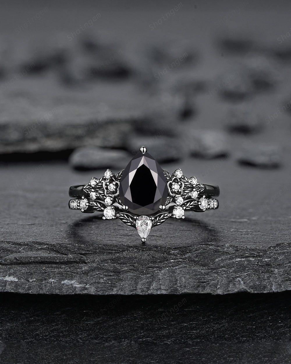 Unique Black Gold Pear Shape Black Moissanite Floral Engagement Ring, Witchy Leaf Promise Ring, Gothic Black Wedding Ring Gift for Women - ShainJewelry