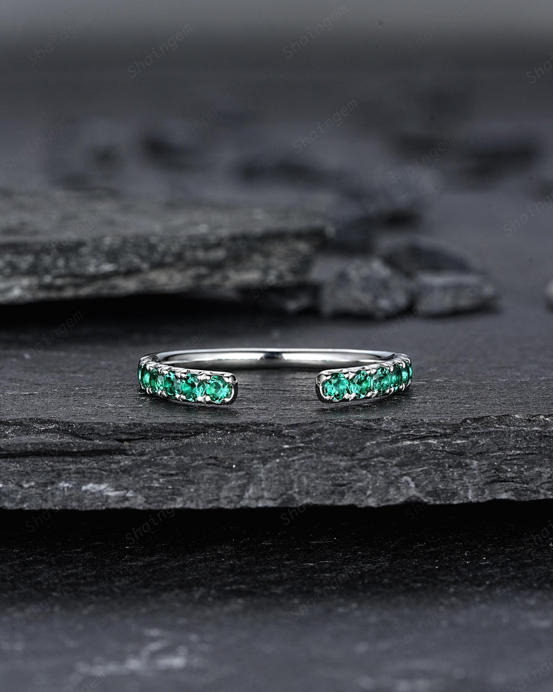 Platinum Open Gap 2.0mm Emerald Engagement Band, White Gold Wedding Band, Silver 925 Matching Band Straight Band Promise Engagement ring - ShainJewelry