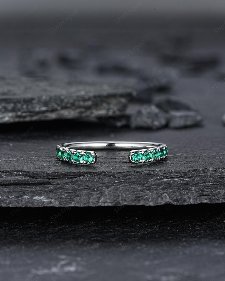 Platinum Open Gap 2.0mm Emerald Engagement Band, White Gold Wedding Band, Silver 925 Matching Band Straight Band Promise Engagement ring - ShainJewelry