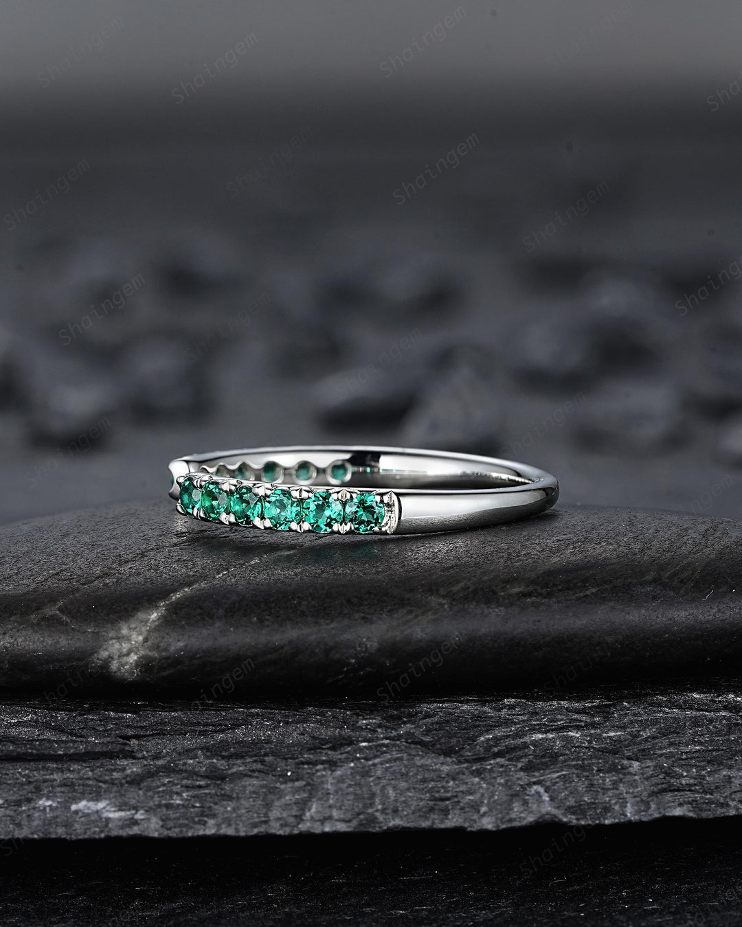 Platinum Open Gap 2.0mm Emerald Engagement Band, White Gold Wedding Band, Silver 925 Matching Band Straight Band Promise Engagement ring - ShainJewelry