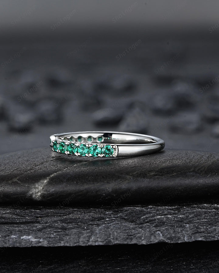 Platinum Open Gap 2.0mm Emerald Engagement Band, White Gold Wedding Band, Silver 925 Matching Band Straight Band Promise Engagement ring - ShainJewelry