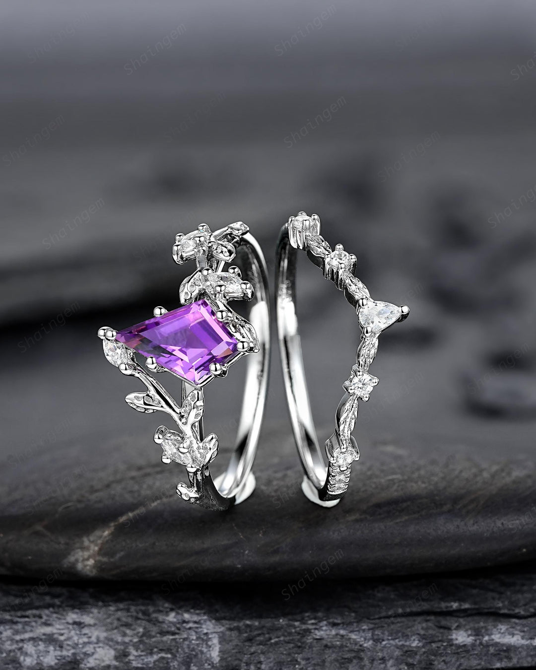 Nature Inspired Kite Cut Amethyst Leaf Engagement Ring Set, Unique White Gold Twig Branch Promise Ring, Amethyst Bridal Set Anniversary Ring - ShainJewelry