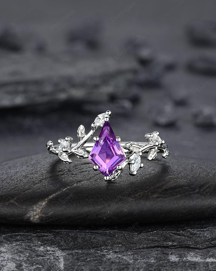 Nature Inspired Kite Cut Amethyst Leaf Engagement Ring Set, Unique White Gold Twig Branch Promise Ring, Amethyst Bridal Set Anniversary Ring - ShainJewelry