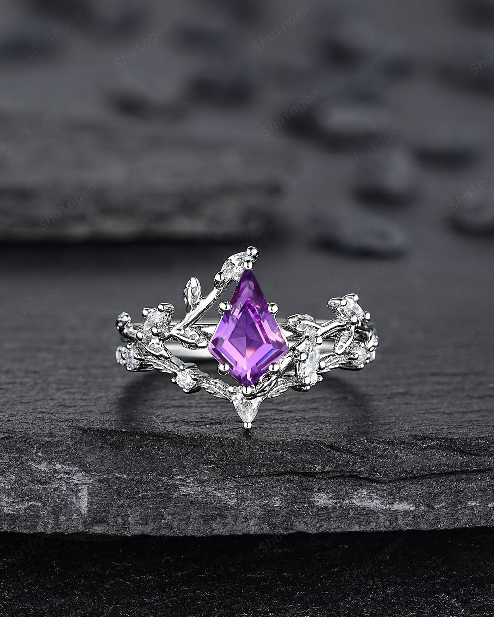 Nature Inspired Kite Cut Amethyst Leaf Engagement Ring Set, Unique White Gold Twig Branch Promise Ring, Amethyst Bridal Set Anniversary Ring - ShainJewelry