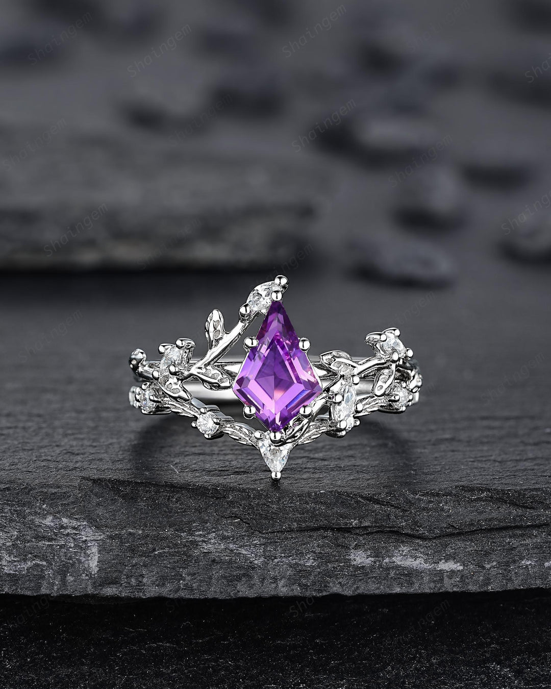 Nature Inspired Kite Cut Amethyst Leaf Engagement Ring Set, Unique White Gold Twig Branch Promise Ring, Amethyst Bridal Set Anniversary Ring - ShainJewelry
