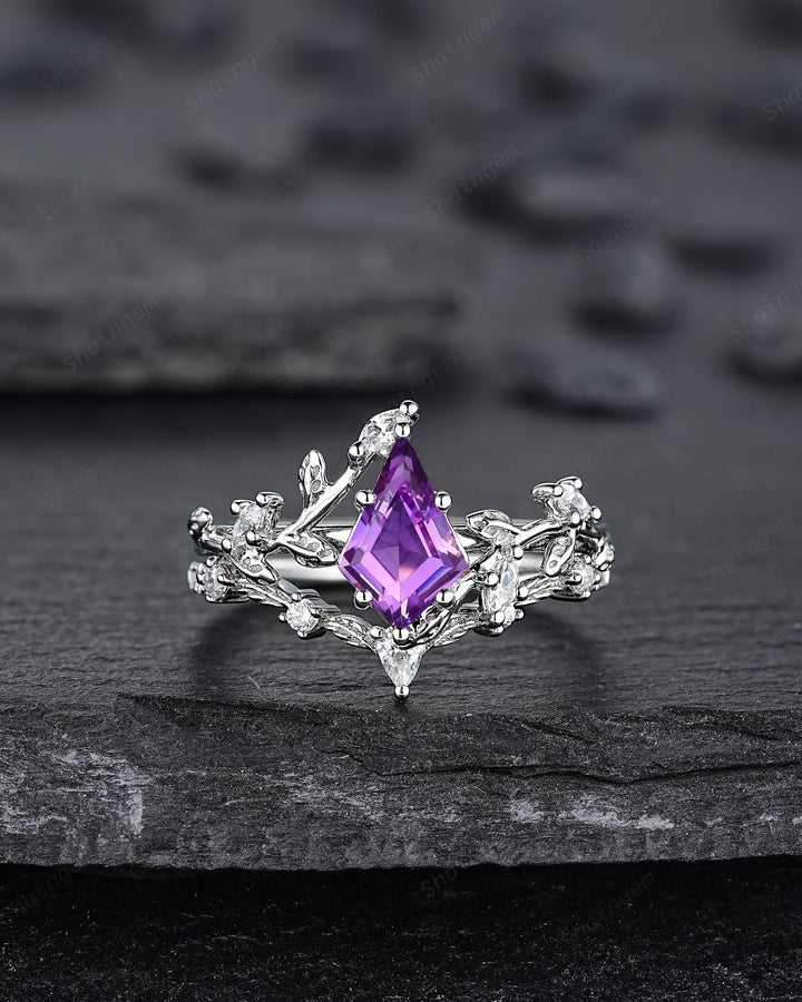 Nature Inspired Kite Cut Amethyst Leaf Engagement Ring Set, Unique White Gold Twig Branch Promise Ring, Amethyst Bridal Set Anniversary Ring - ShainJewelry