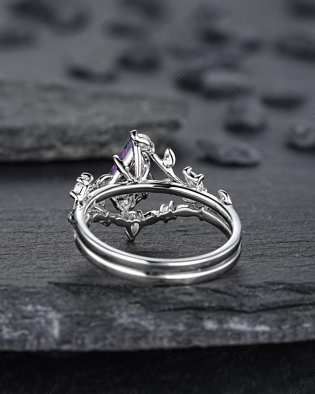 Nature Inspired Kite Cut Amethyst Leaf Engagement Ring Set, Unique White Gold Twig Branch Promise Ring, Amethyst Bridal Set Anniversary Ring - ShainJewelry