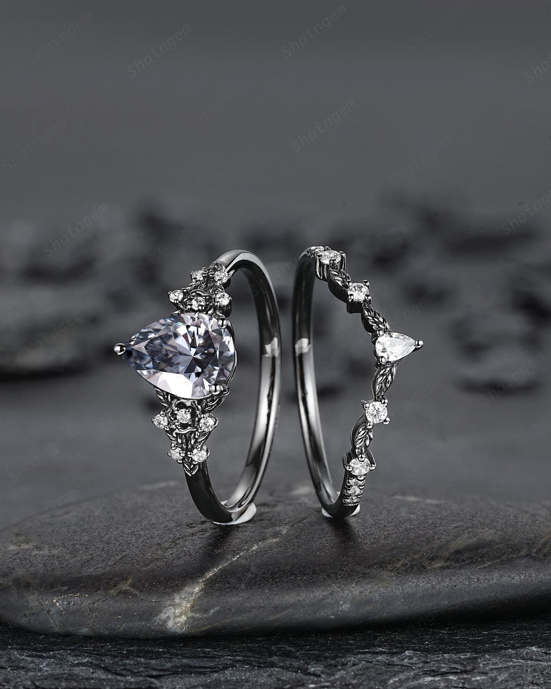 Gothic Black Pear Shape Gray Moissanite Floral Engagement Ring, Unique Black Rhodium Leaf Wedding Promise Ring for Women, Vintage Bridal Set - ShainJewelry