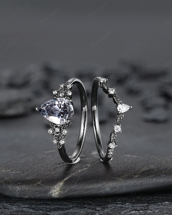 Gothic Black Pear Shape Gray Moissanite Floral Engagement Ring, Unique Black Rhodium Leaf Wedding Promise Ring for Women, Vintage Bridal Set - ShainJewelry