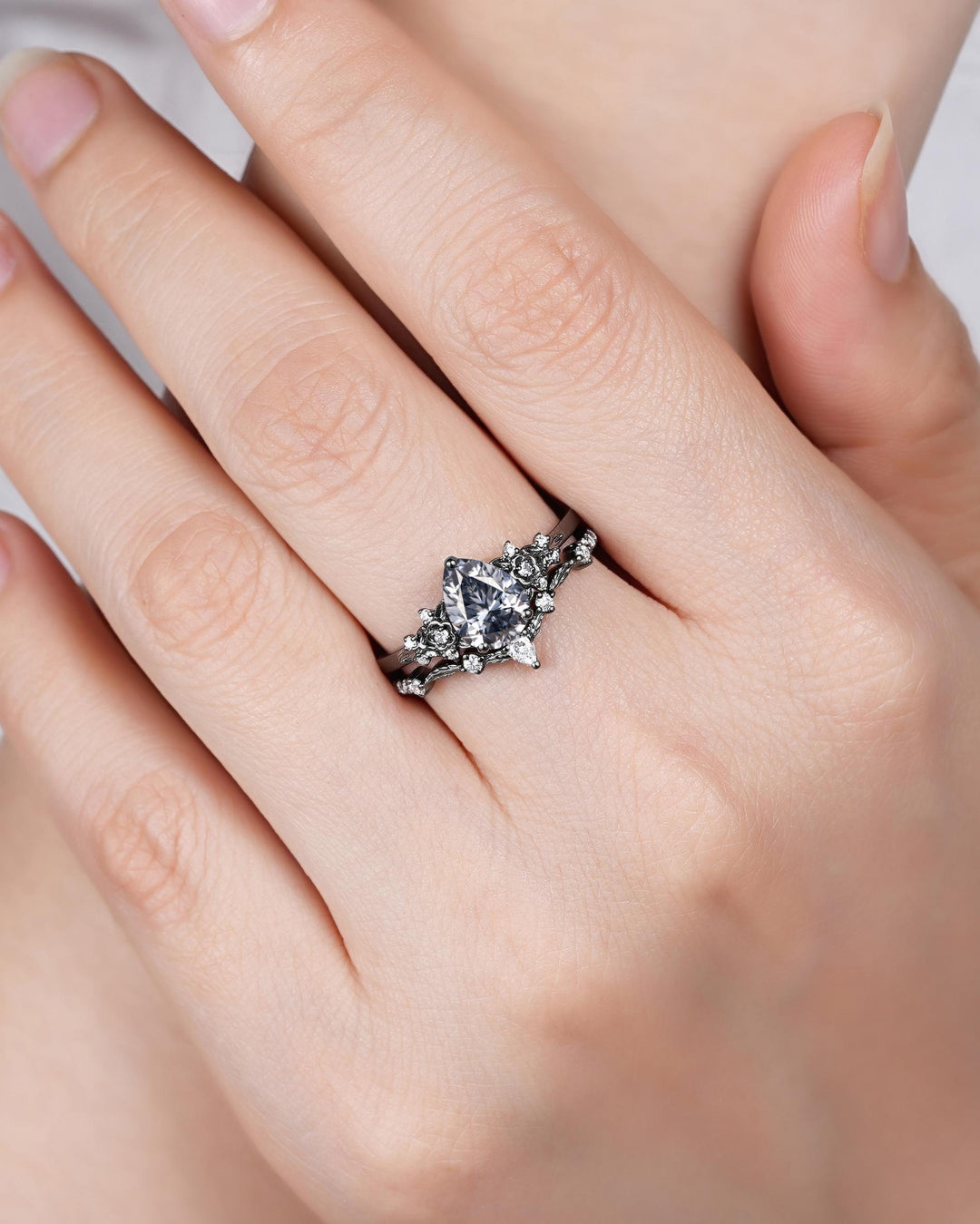 Gothic Black Pear Shape Gray Moissanite Floral Engagement Ring, Unique Black Rhodium Leaf Wedding Promise Ring for Women, Vintage Bridal Set - ShainJewelry
