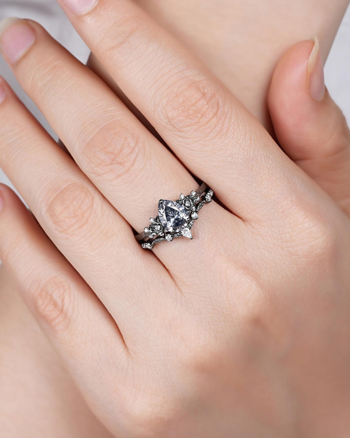 Gothic Black Pear Shape Gray Moissanite Floral Engagement Ring, Unique Black Rhodium Leaf Wedding Promise Ring for Women, Vintage Bridal Set - ShainJewelry