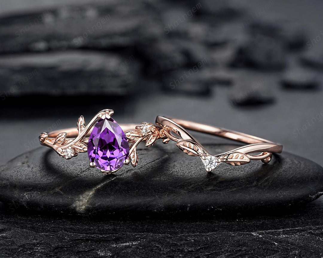 Vintage Pear Cut Purple Violet Sapphire Leaf Engagement Ring Set, Twig Branch Rose Gold Wedding Promise Ring Anniversary Gift for Mom Women - ShainJewelry