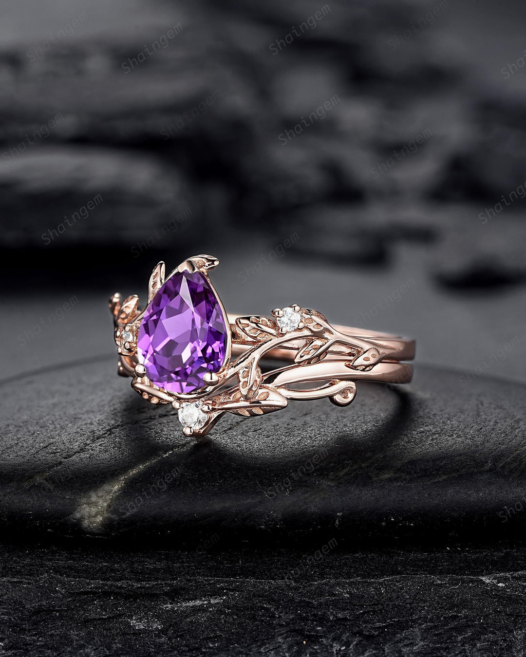 Vintage Pear Cut Purple Violet Sapphire Leaf Engagement Ring Set, Twig Branch Rose Gold Wedding Promise Ring Anniversary Gift for Mom Women - ShainJewelry