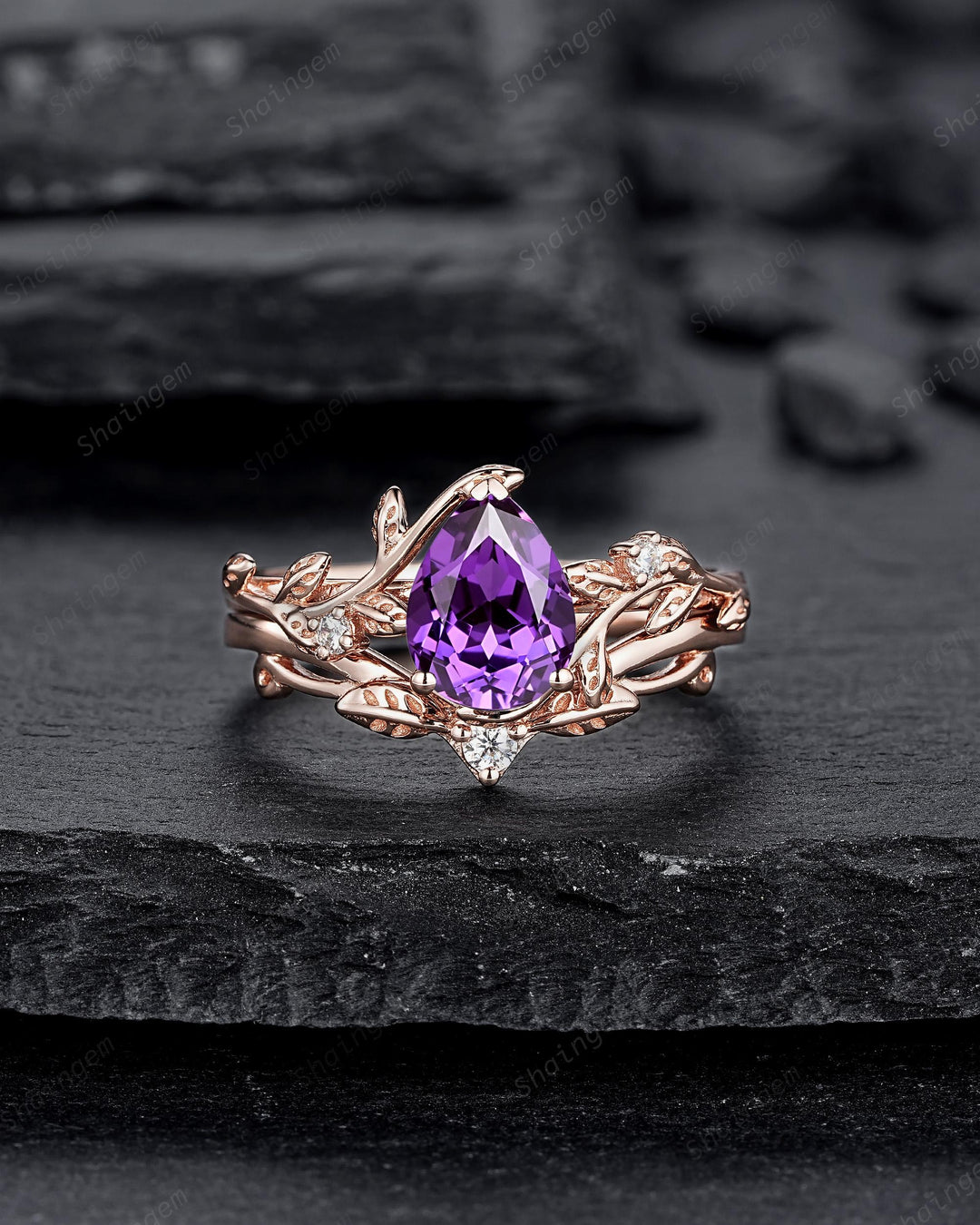 Vintage Pear Cut Purple Violet Sapphire Leaf Engagement Ring Set, Twig Branch Rose Gold Wedding Promise Ring Anniversary Gift for Mom Women - ShainJewelry
