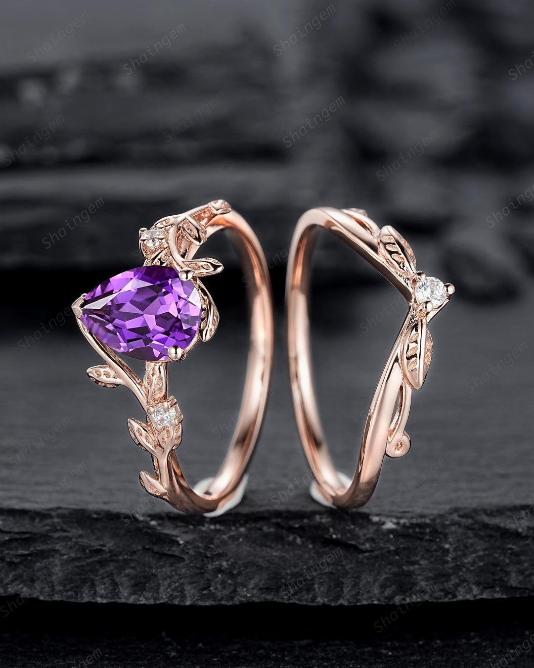 Vintage Pear Cut Purple Violet Sapphire Leaf Engagement Ring Set, Twig Branch Rose Gold Wedding Promise Ring Anniversary Gift for Mom Women - ShainJewelry