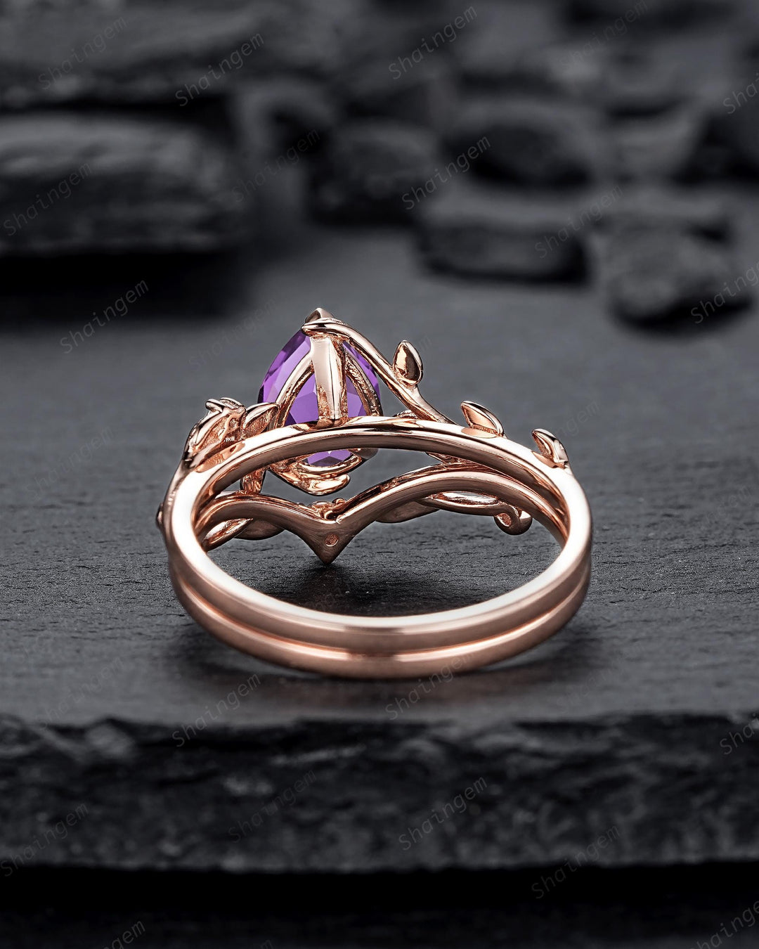 Vintage Pear Cut Purple Violet Sapphire Leaf Engagement Ring Set, Twig Branch Rose Gold Wedding Promise Ring Anniversary Gift for Mom Women - ShainJewelry