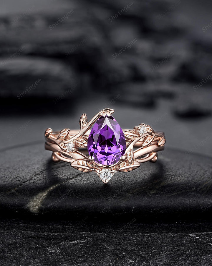 Vintage Pear Cut Purple Violet Sapphire Leaf Engagement Ring Set, Twig Branch Rose Gold Wedding Promise Ring Anniversary Gift for Mom Women - ShainJewelry